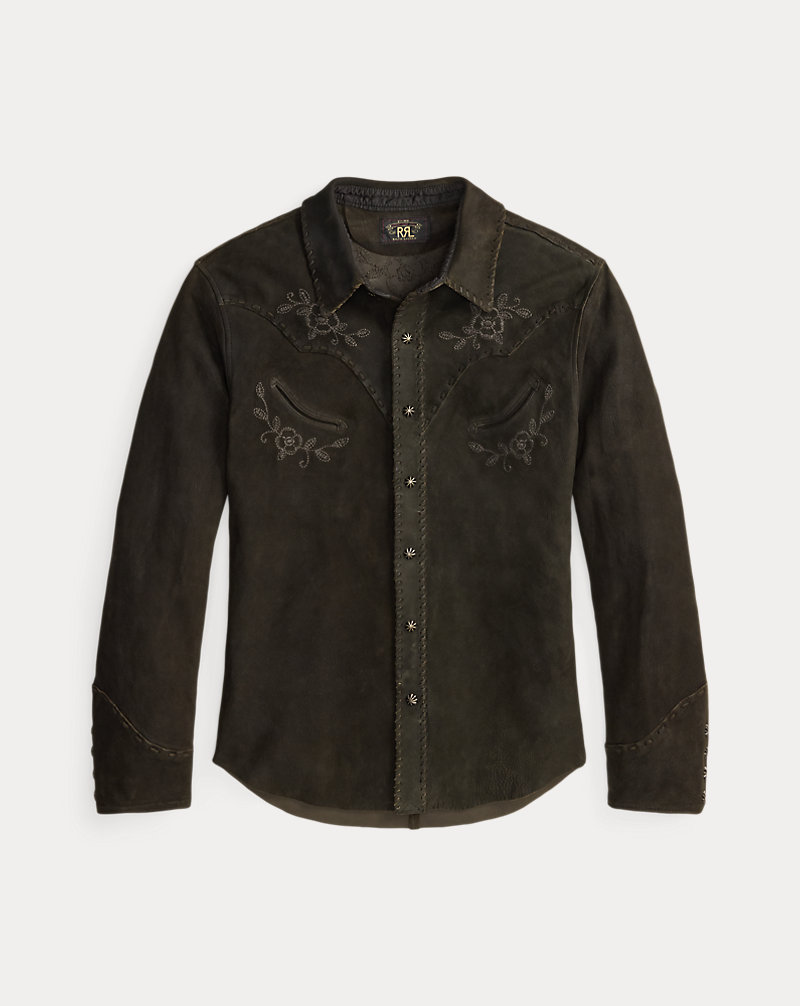 Front view of a men's suede western jacket with embroidered details, long sleeves, and a snap-button front on a white background.