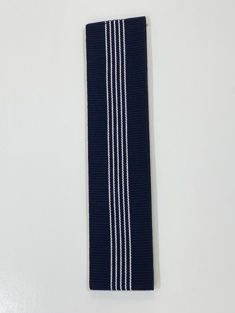 A navy blue men's hiraobi (obi for kimono) with white vertical stripe details laid flat on a white background.