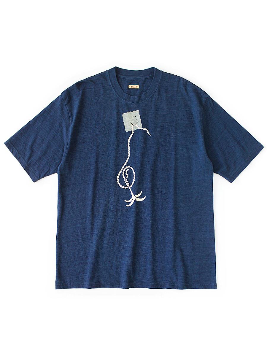 Flat navy men's cotton crew T-shirt laid flat showing a white rope-and-anchor graphic with a small square smiling face above the chest.