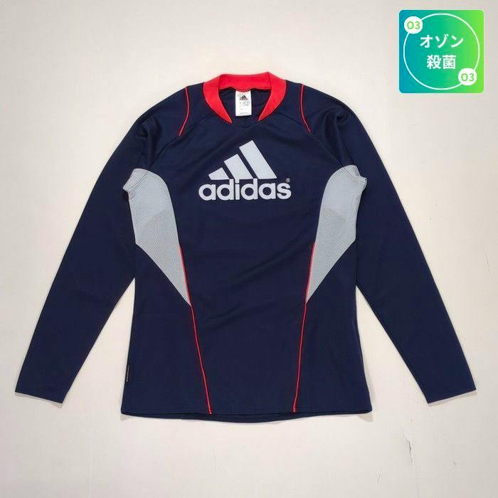 Flat-lay photo of a navy men's long-sleeve polyester jersey (size L) showing the Adidas logo.