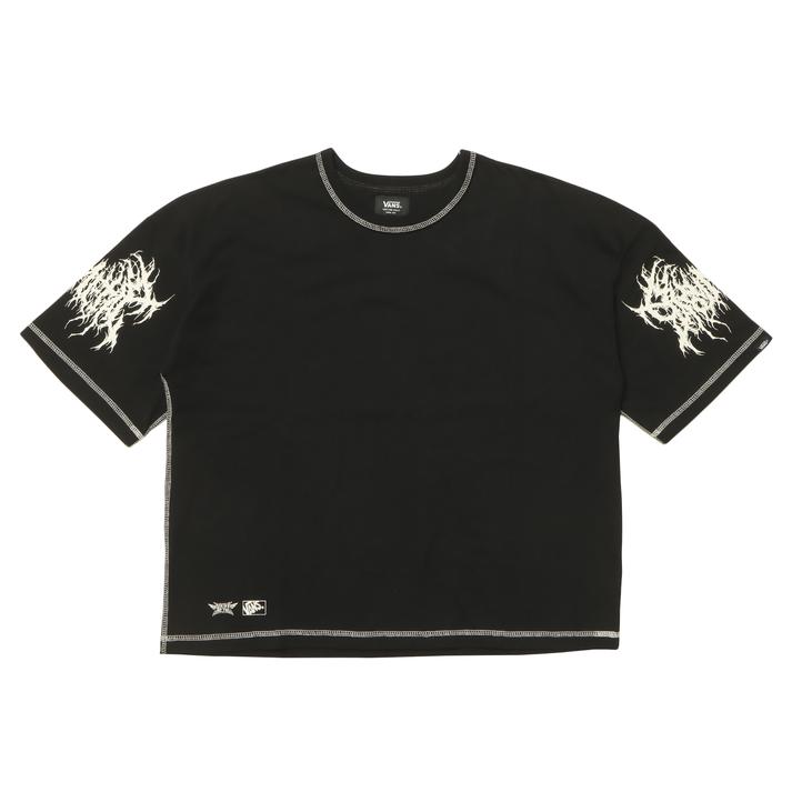 Flat-lay front view of a black men's short-sleeve polyester shirt with white sleeve graphics and contrast stitching.