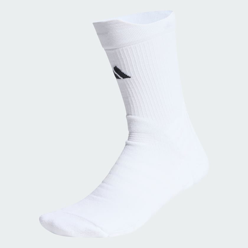 Single white men's tennis crew sock with cushioning and a small black logo visible.