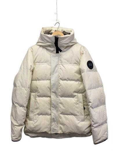 Front view of a white men's polyester down jacket with hood hanging on a hanger.