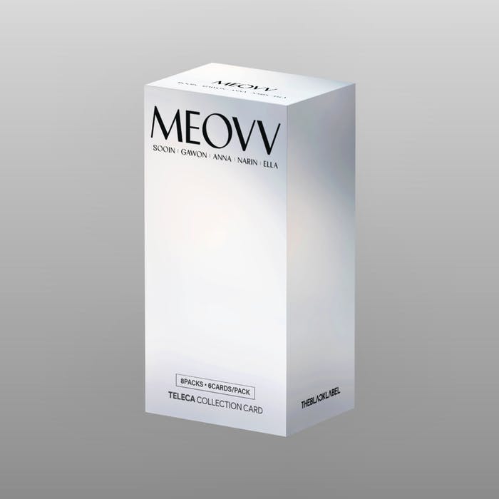 A white rectangular product box standing upright labeled “MEOVV” and “TELECA COLLECTION CARD.”