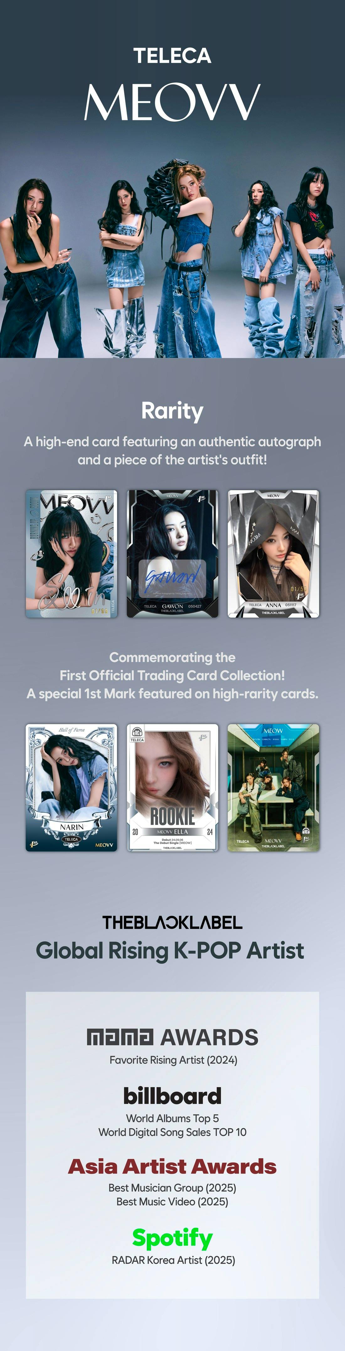 Promotional poster showing MEOVV with sample TELECA photocard images and text about rarity and awards.