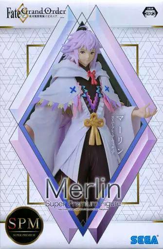 Front photo of the boxed Sega Super Premium Figure showing artwork of Merlin from Fate/Grand Order with SPM and SEGA logos.