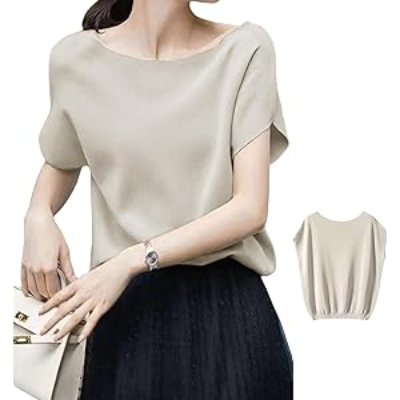 Model wearing a light-colored short-sleeve boat-neck women's knit pullover with a small inset showing the back view.