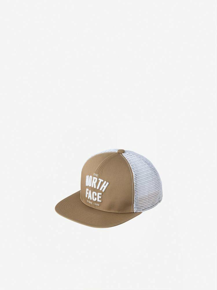 A kids' mesh baseball cap in brown with a white mesh back and "THE NORTH FACE" embroidered on the front.