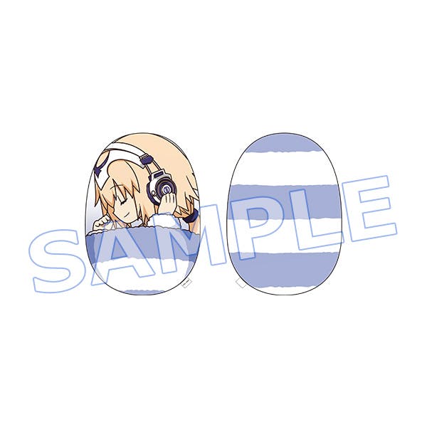 Front and back views of a cushion showing a sleeping anime character wearing headphones on the front and blue-and-white stripes on the back.