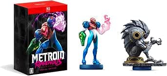 Special edition Metroid game box displayed alongside a Samus amiibo figure and a bird-like statuette.