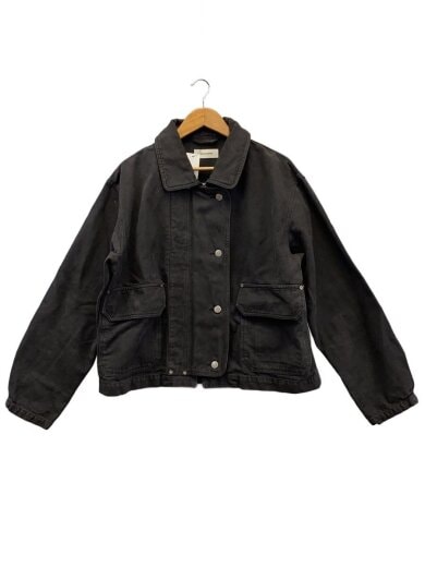 Front view of a gray cotton men's messenger jacket hanging on a wooden hanger against a white background.