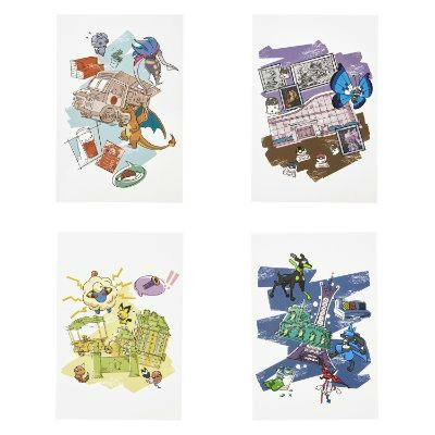 Four illustrated postcards from the postcard set arranged in a 2x2 layout on a white background.