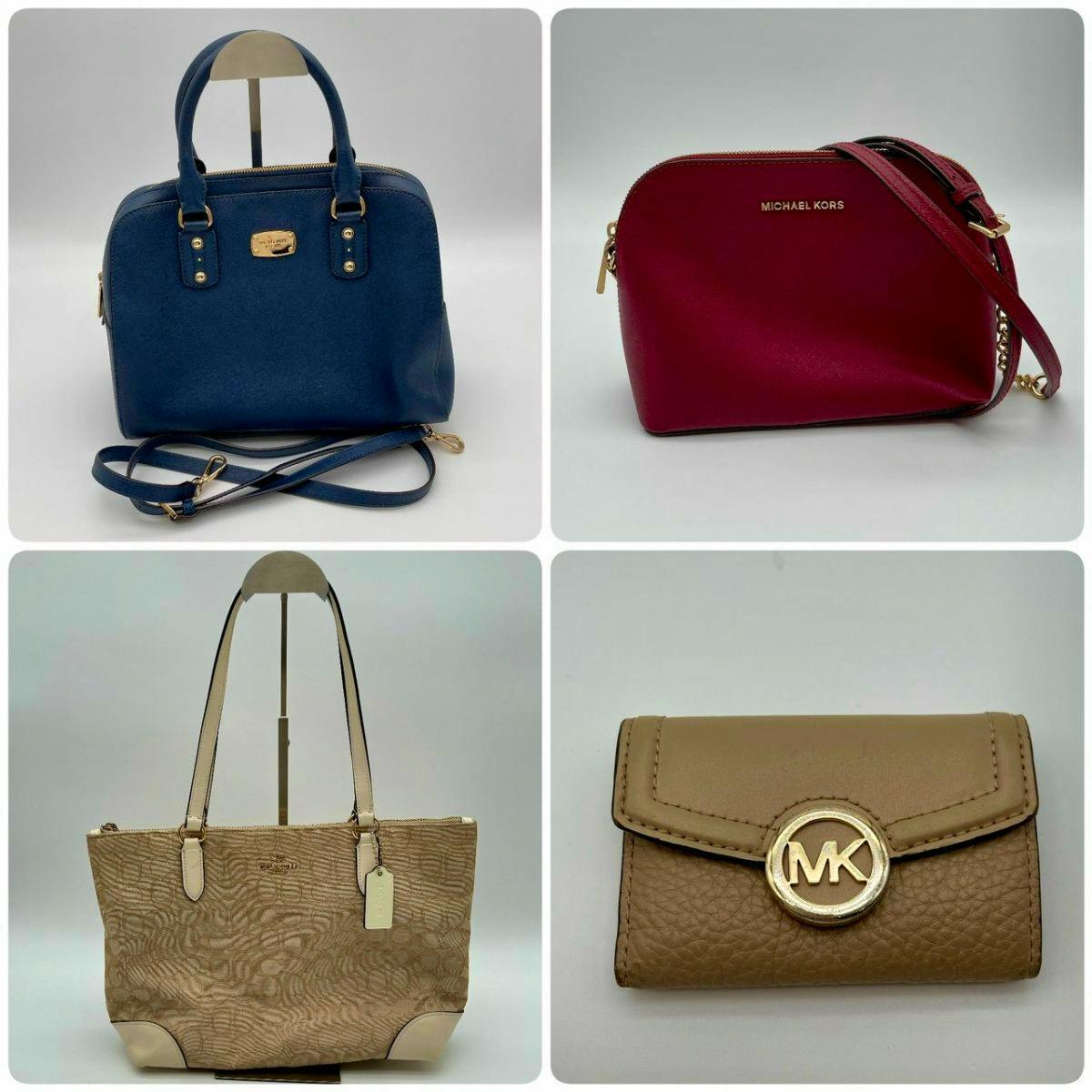 Collage showing the four-item lot: a blue handbag, a red Michael Kors crossbody, a beige Coach tote, and a tan Michael Kors wallet.