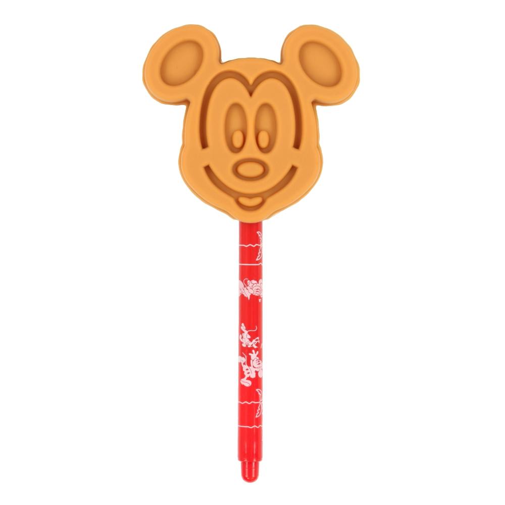 A red ballpoint pen topped with a large orange Mickey Mouse shaped head.