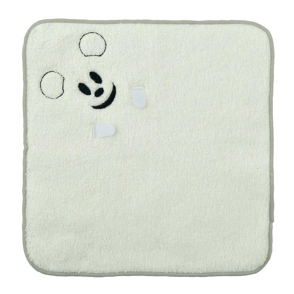 White square mini cotton towel with a stitched ghost-style Mickey face and gray binding around the edge.