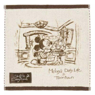 Square mini cotton handkerchief with a sketch-style image of Mickey Mouse, brown borders, and text reading "Mickey's Daily Life in Toontown."
