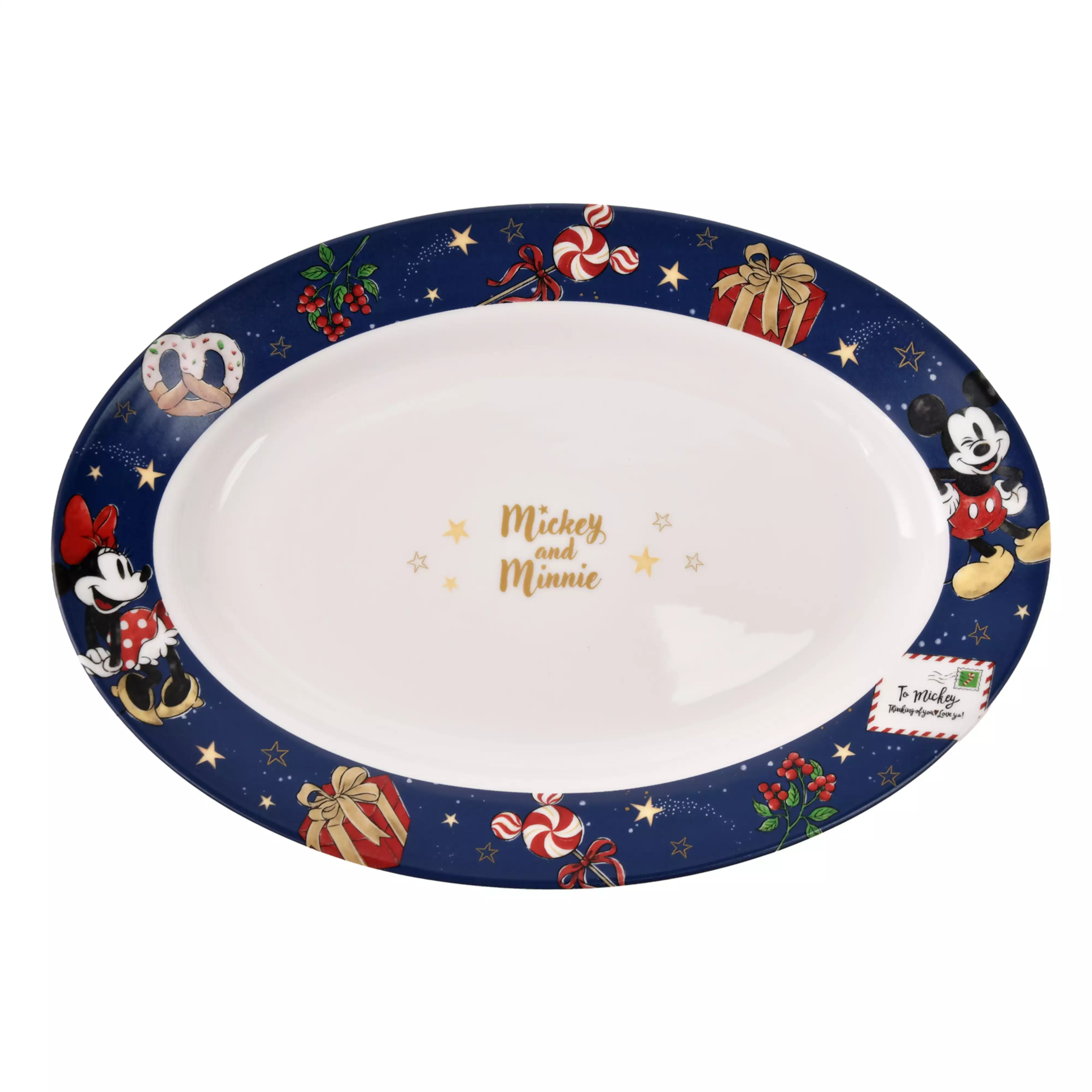 Oval porcelain plate with a navy holiday-themed border featuring Mickey and Minnie and "Mickey and Minnie" text in the center.
