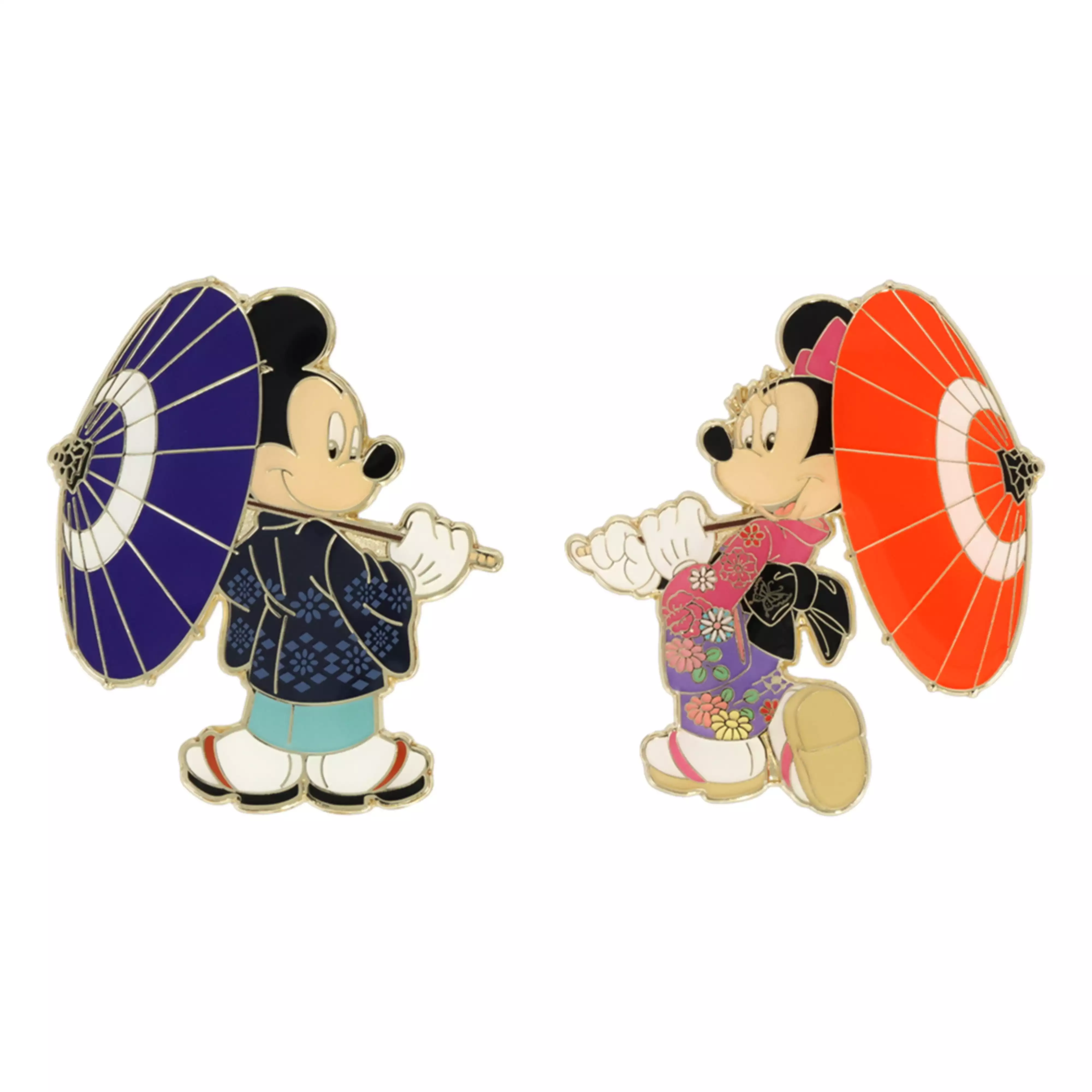 Two pin badges showing Mickey and Minnie each holding a parasol.