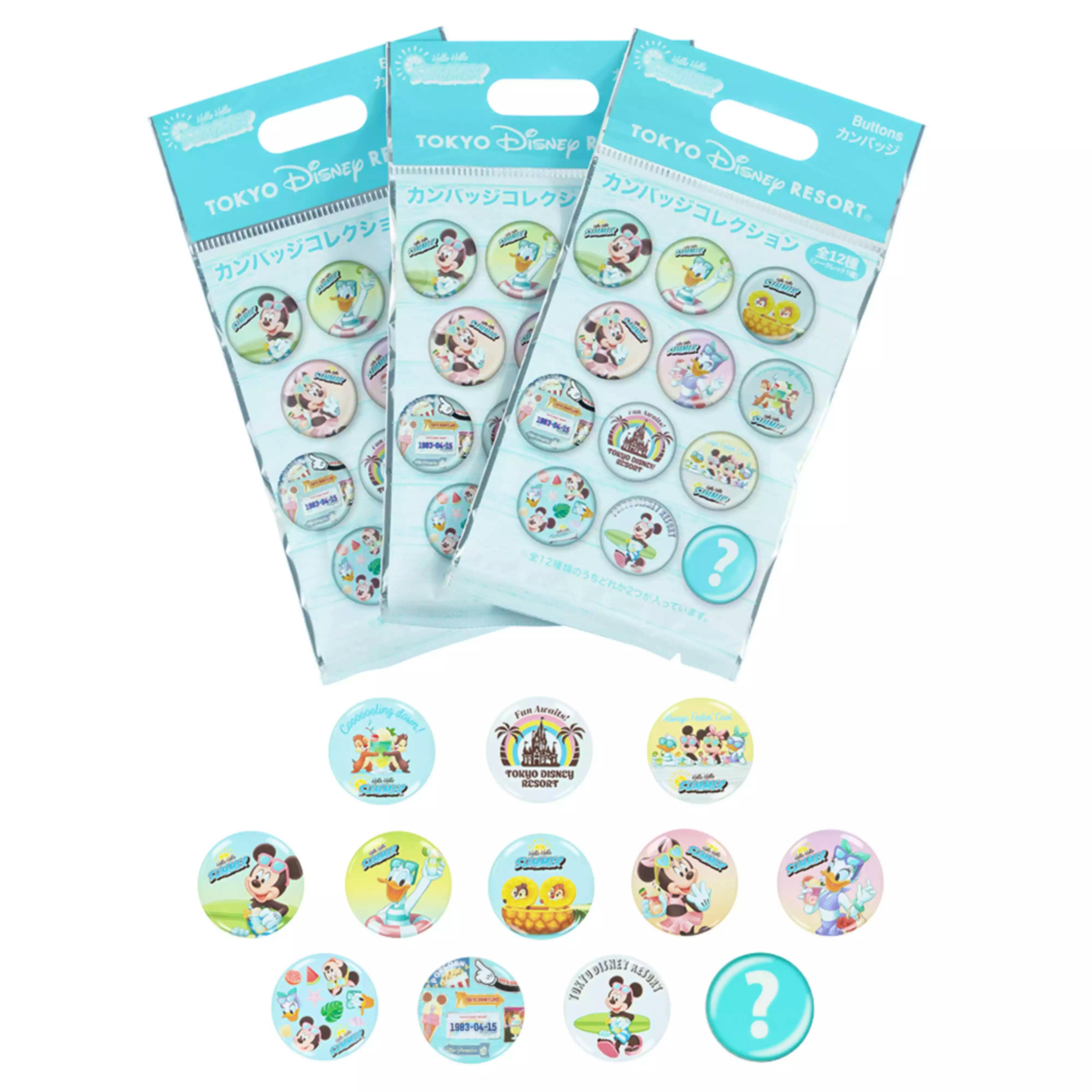 Packaged Tokyo Disney Resort can badge sheets showing multiple Mickey Mouse and friends badge designs.