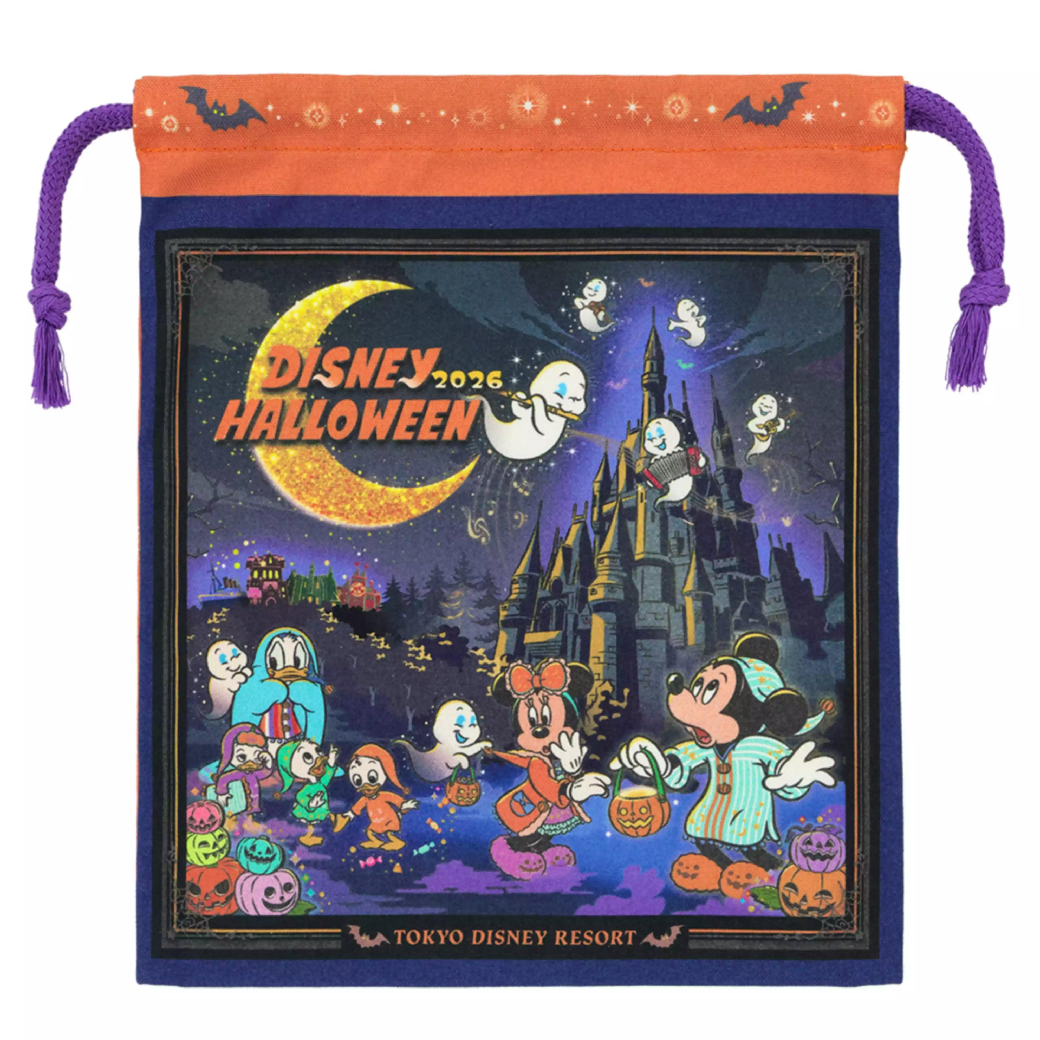 A polyester drawstring pouch showing Disney Halloween artwork with Mickey Mouse and friends, an orange top edge, and purple drawstrings.