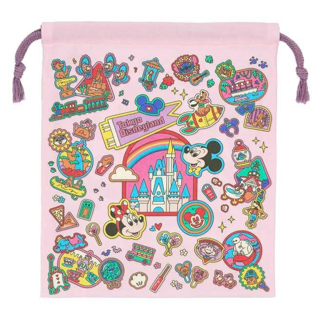Pink polyester drawstring pouch printed with Mickey Mouse, Minnie, a castle, and colorful Disney-themed sticker illustrations.