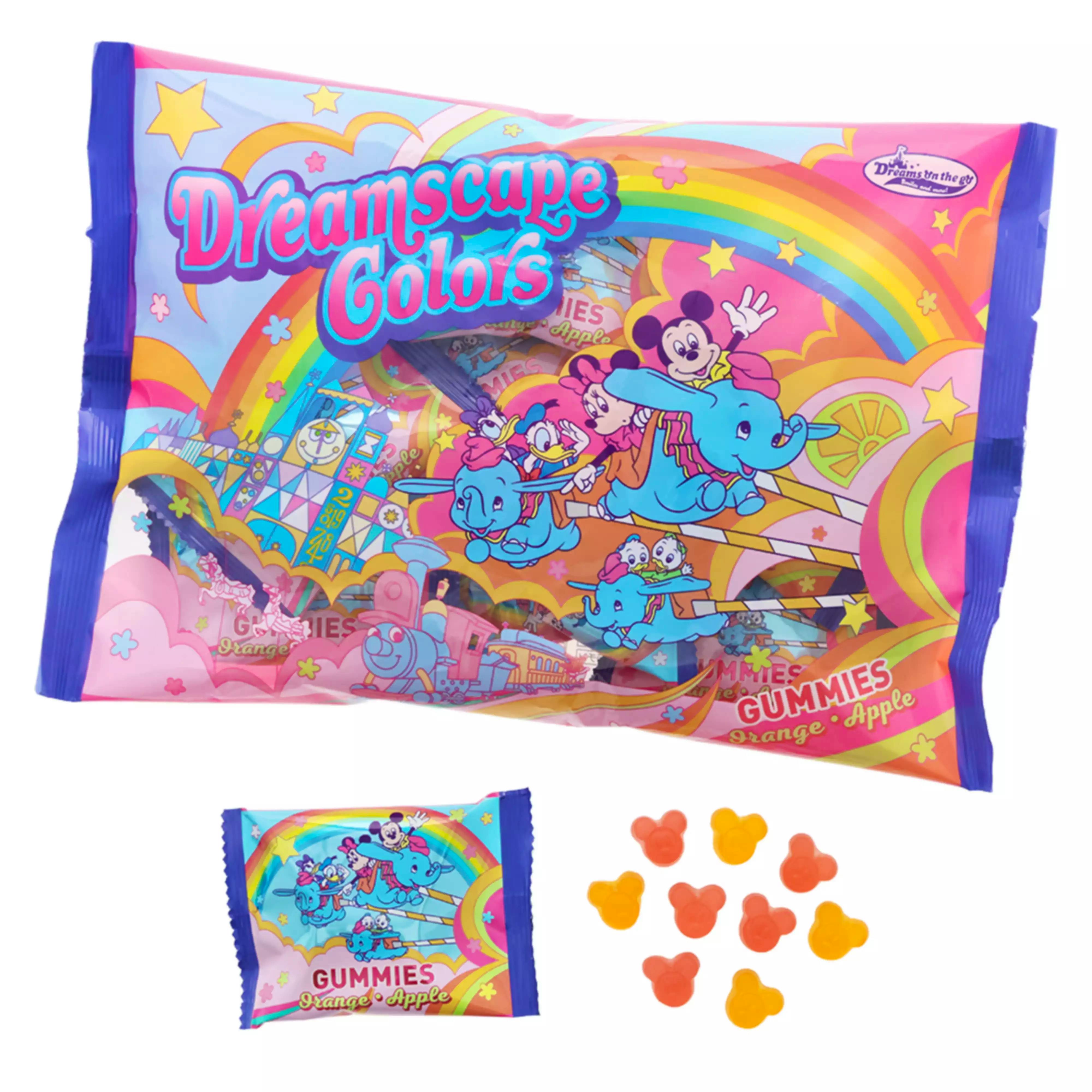 Colorful gummy candy bag showing Mickey Mouse and friends, rainbows, and the text “Dreamscape Colors” on the packaging.