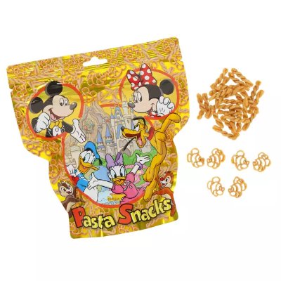 A bag of pasta snacks featuring Mickey Mouse and friends on the packaging with several pasta snack pieces shown beside it.