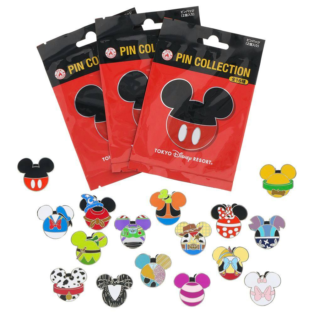 Multiple Mickey-shaped pin badges with different character designs arranged below three red "PIN COLLECTION" packaging bags.