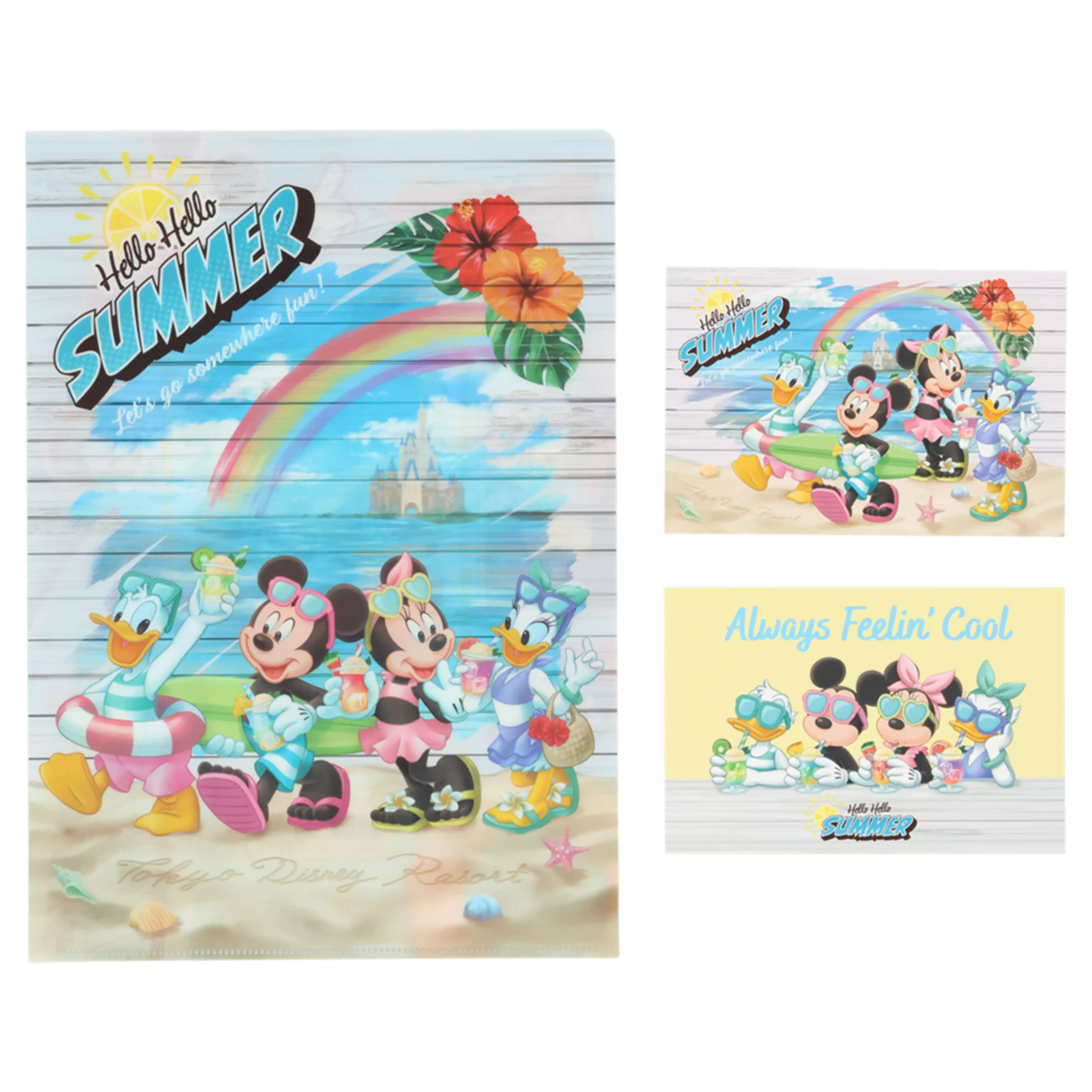 A clear plastic postcard holder with two postcards showing Mickey Mouse and friends on a beach and an "Always Feelin' Cool" design.