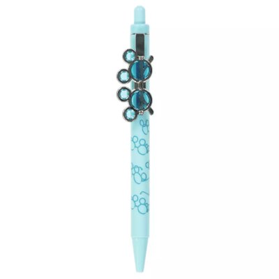 A light blue Mickey-themed ballpoint pen with circular gem decorations on the barrel shown on a white background.