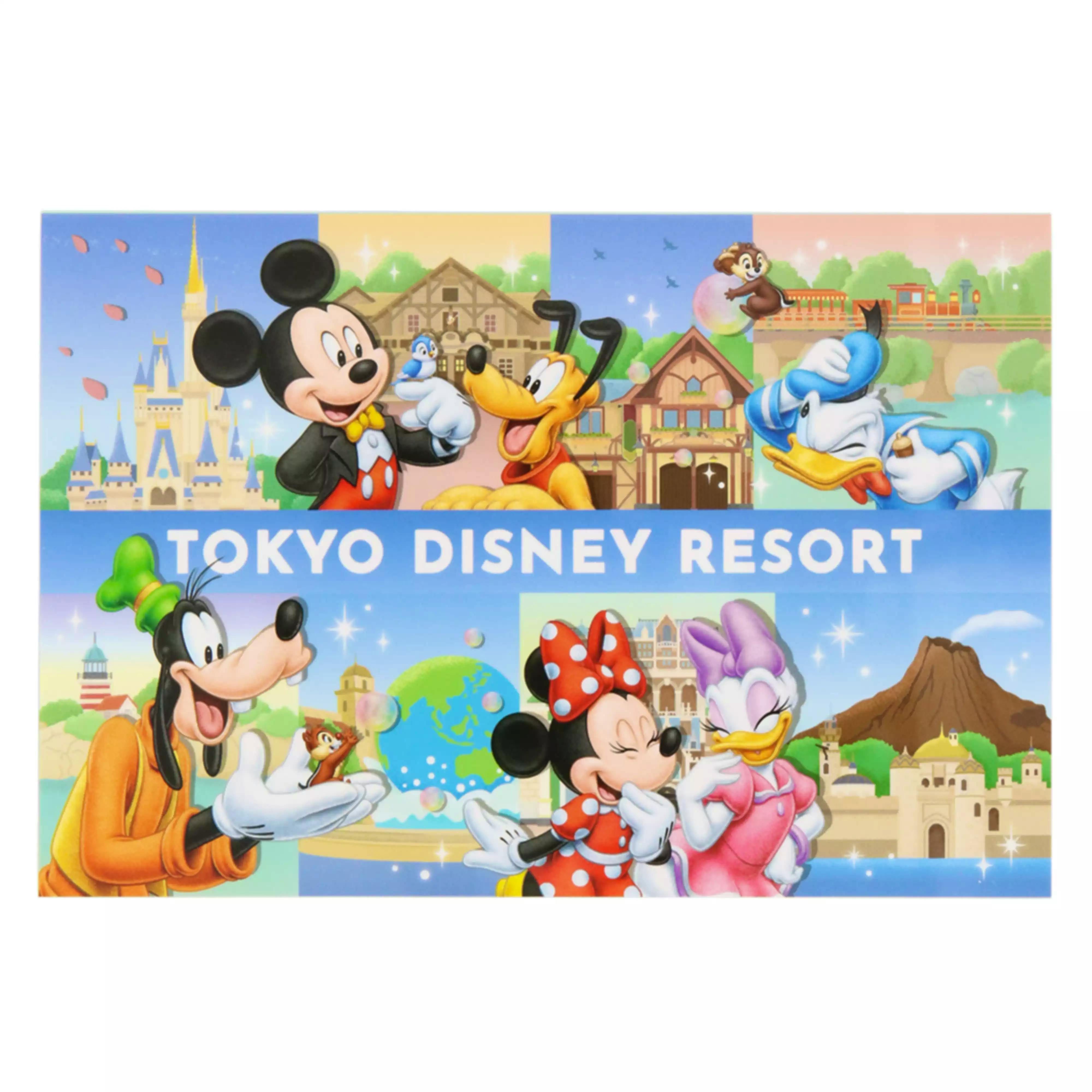 Memo pad illustration showing Mickey Mouse, Pluto, Donald Duck, Minnie Mouse, and Daisy with a visible "TOKYO DISNEY RESORT" banner.