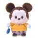 Close-up of a Mickey plush toy wearing a yellow student-style autumn/winter outfit.