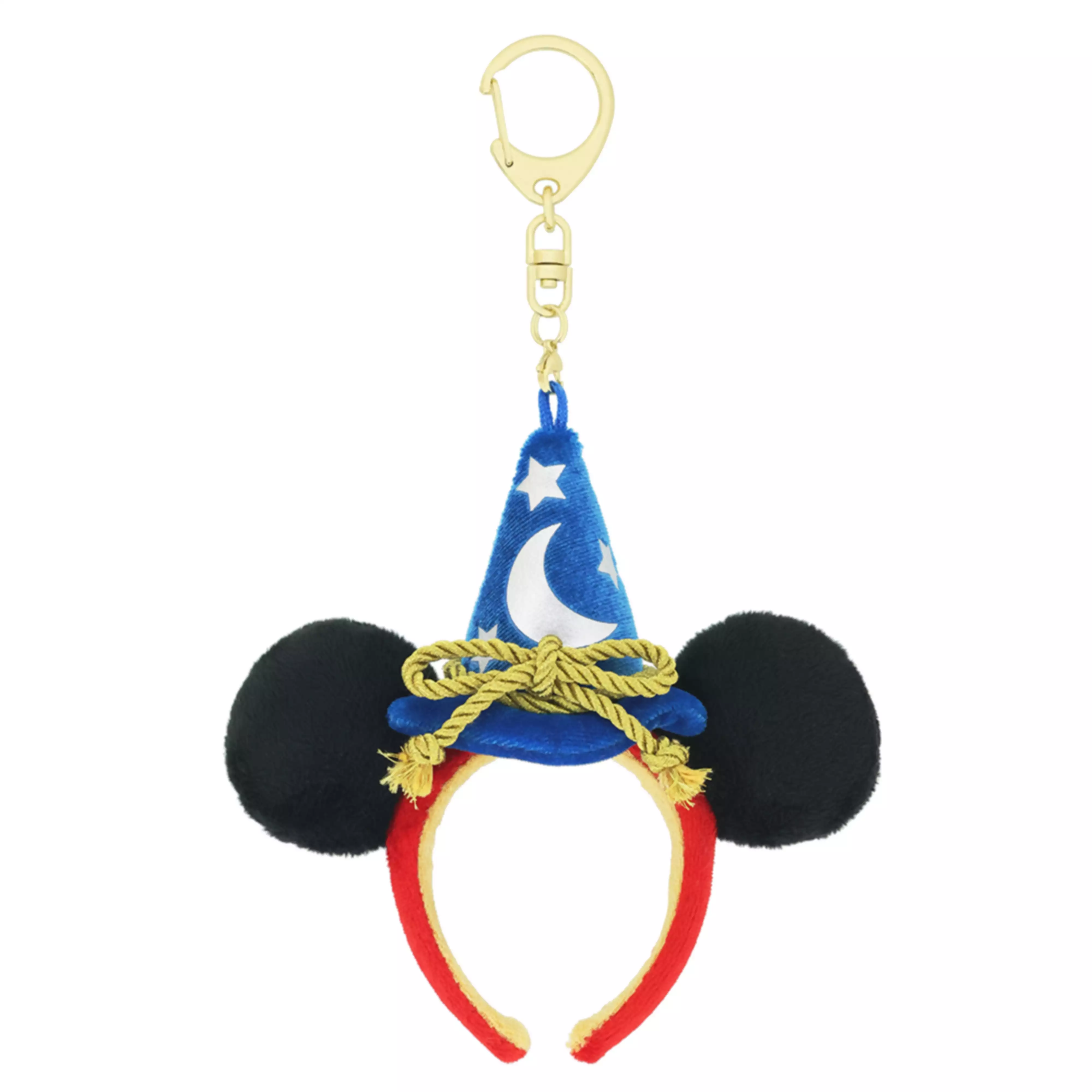Keychain showing Mickey-style black ears on a red headband with a blue star-and-moon hat, gold bow, and gold keyring clasp.