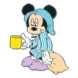 Front of the pin badge showing Mickey Mouse in light-blue pajamas holding a yellow mug.