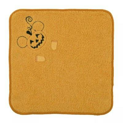 Square orange cotton mini handkerchief towel with a Mickey-shaped jack-o'-lantern pumpkin embroidery in the top-left corner.