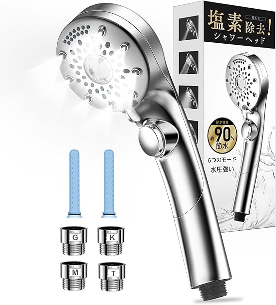 Stainless steel handheld shower head with multiple spray nozzles, two blue filter sticks, and four threaded adapters shown alongside its retail box.