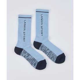 Pair of mid-length men's cotton socks with a vertical logo on the shaft, light blue with dark heel, toe, and patterned foot.