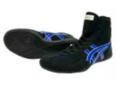 A pair of dark blue high-top polyester shoes with blue side stripes, one shoe laid on its side showing the sole.
