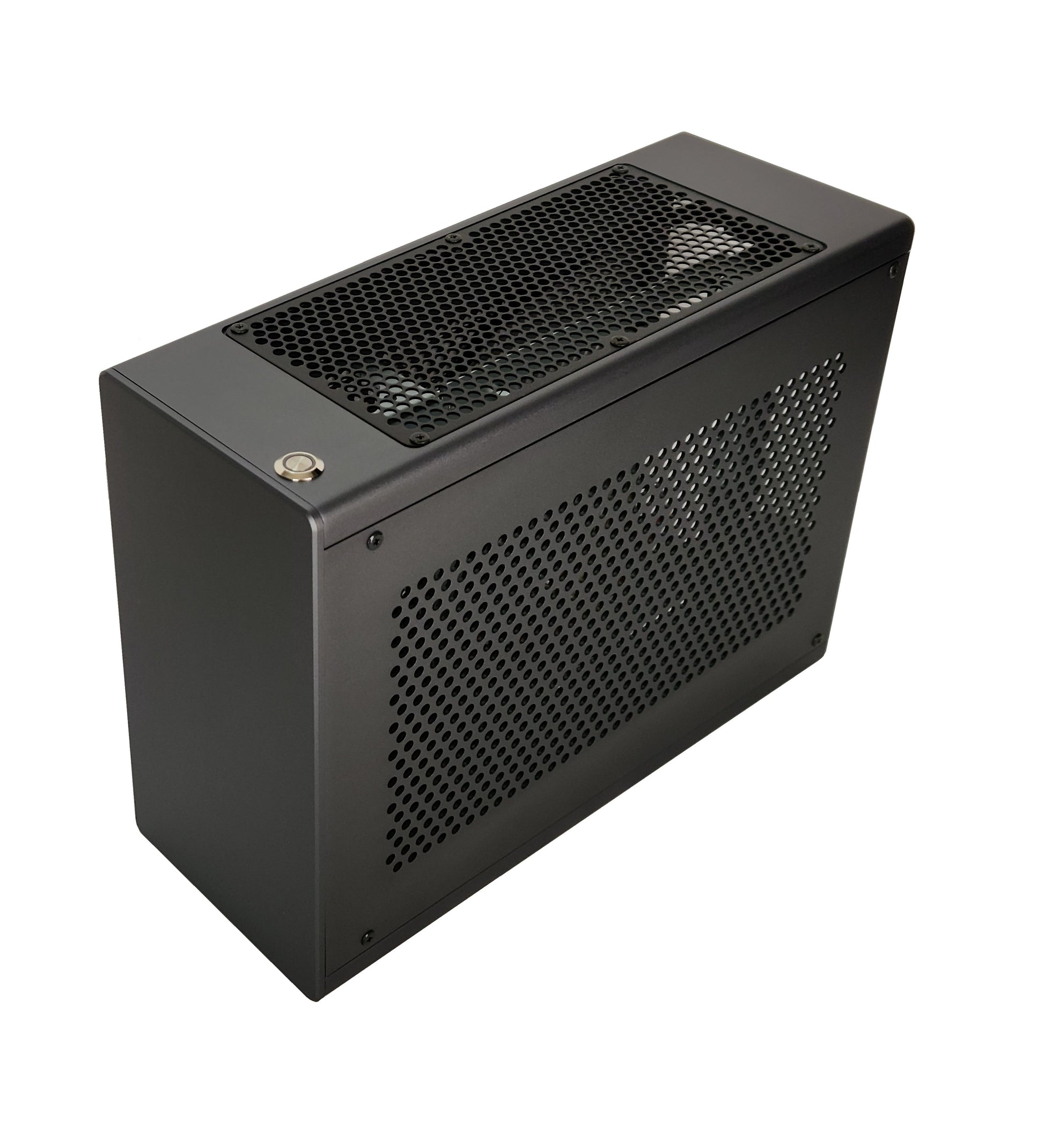 MIDORI 5L-V2.4 dark gray Mini ITX PC case shown at an angled top-side view with perforated ventilation panels on the top and side.