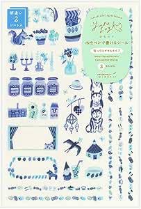 Sticker sheet showing assorted blue Scandinavian-pattern paper stickers and the product label for a Midori Seal Loose Log set.