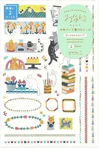 Photo of Midori Yuru Log Cat paper sticker sheets showing various cat illustrations and decorative stickers with packaging label indicating two sheets.