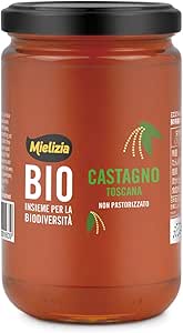 Front-facing jar of Mielizia Italian Organic Chestnut Honey (Pure), 14.1 oz (400 g), showing the product label and black lid.