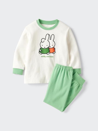Children's long-sleeve pyjama top and matching pants with a Miffy illustration and green trim.