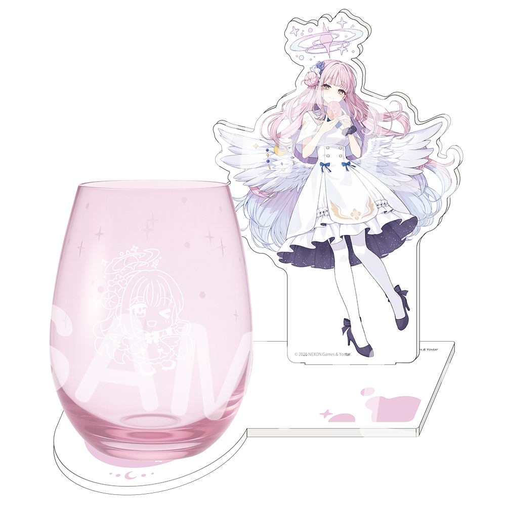 Pink-tinted drinking glass with an etched design placed on a character-themed acrylic display stand.