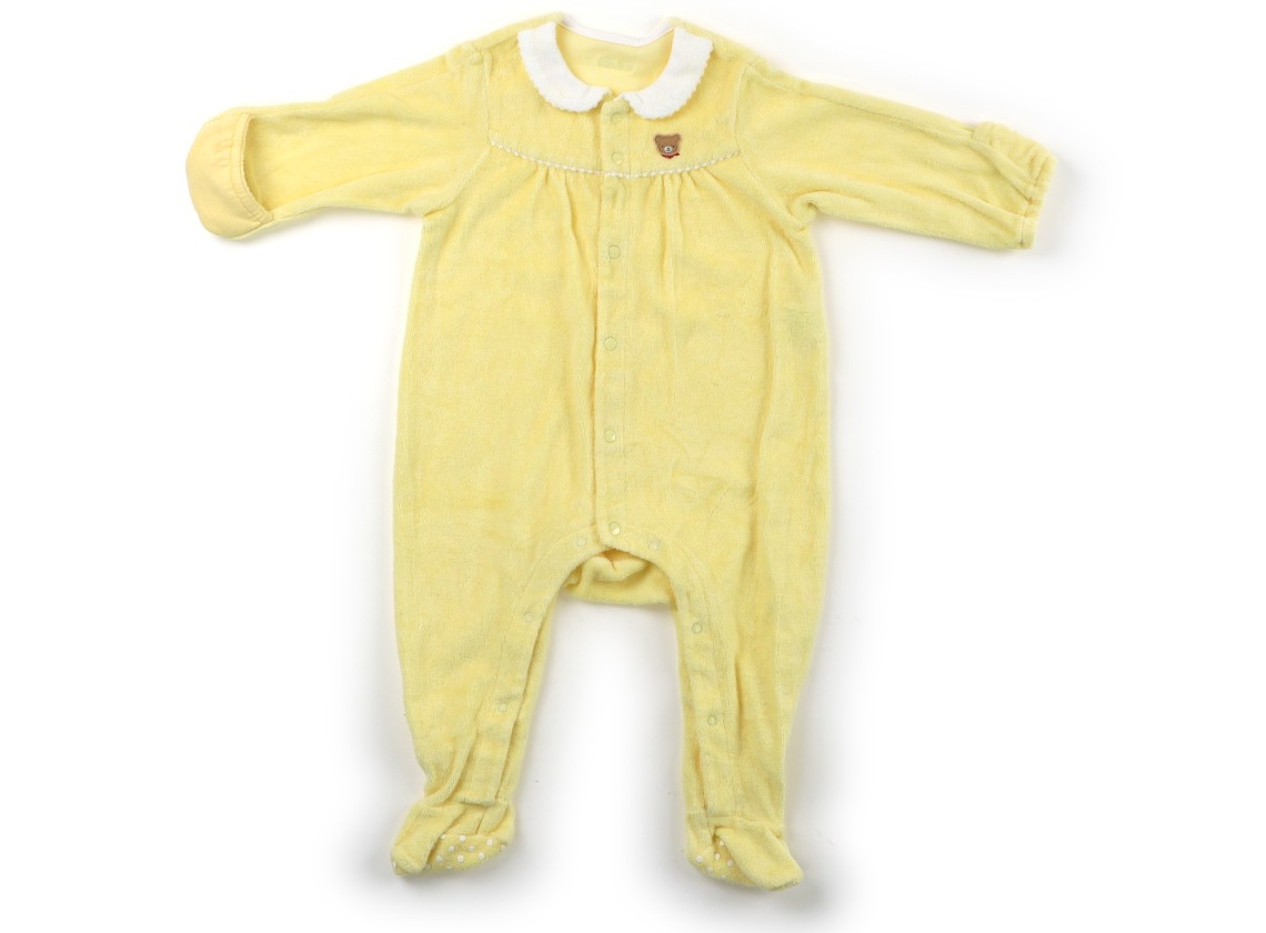 Yellow Miki House size 70 baby all-in-one romper laid flat showing the front with a white collar and small bear logo.