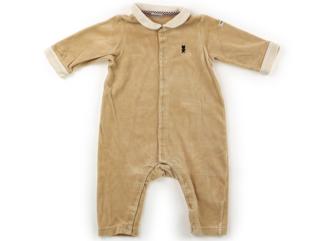 Front view of a Miki HOUSE size 70 beige baby coverall laid flat, showing snap closures down the front.