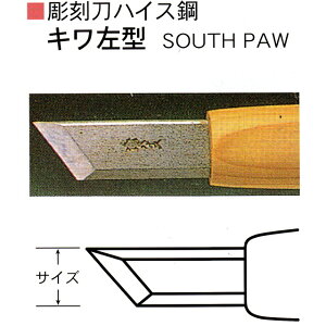 Close-up photo of the left-bevel carving knife blade and wooden handle with a line diagram below.