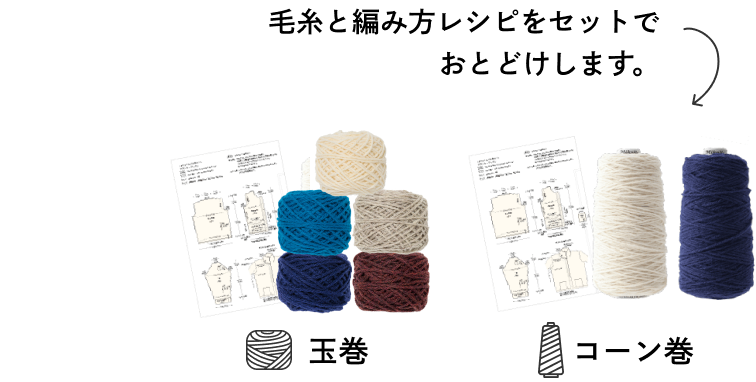 Balls and cones of knitting yarn with printed pattern sheets on a black background.
