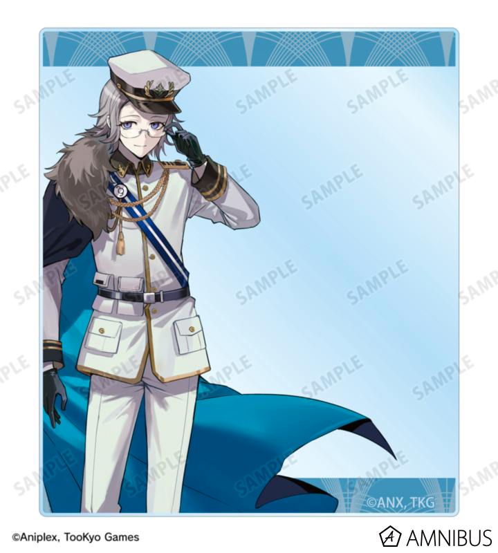 An acrylic card showing the character 蒼月衛人 in a white military-style uniform with a blue cape on a light blue background.