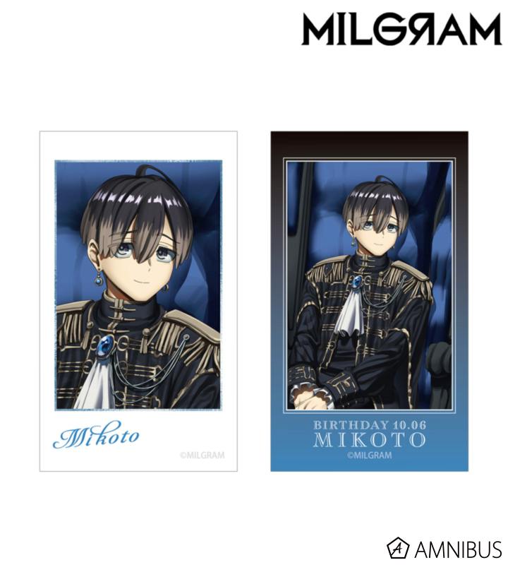 Two illustration cards showing the character Mikoto in a dark outfit seated against a blue background.